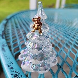 VTG Fenton Art Glass Clear White Iridescent Pearl Christmas Tree Gold Bear